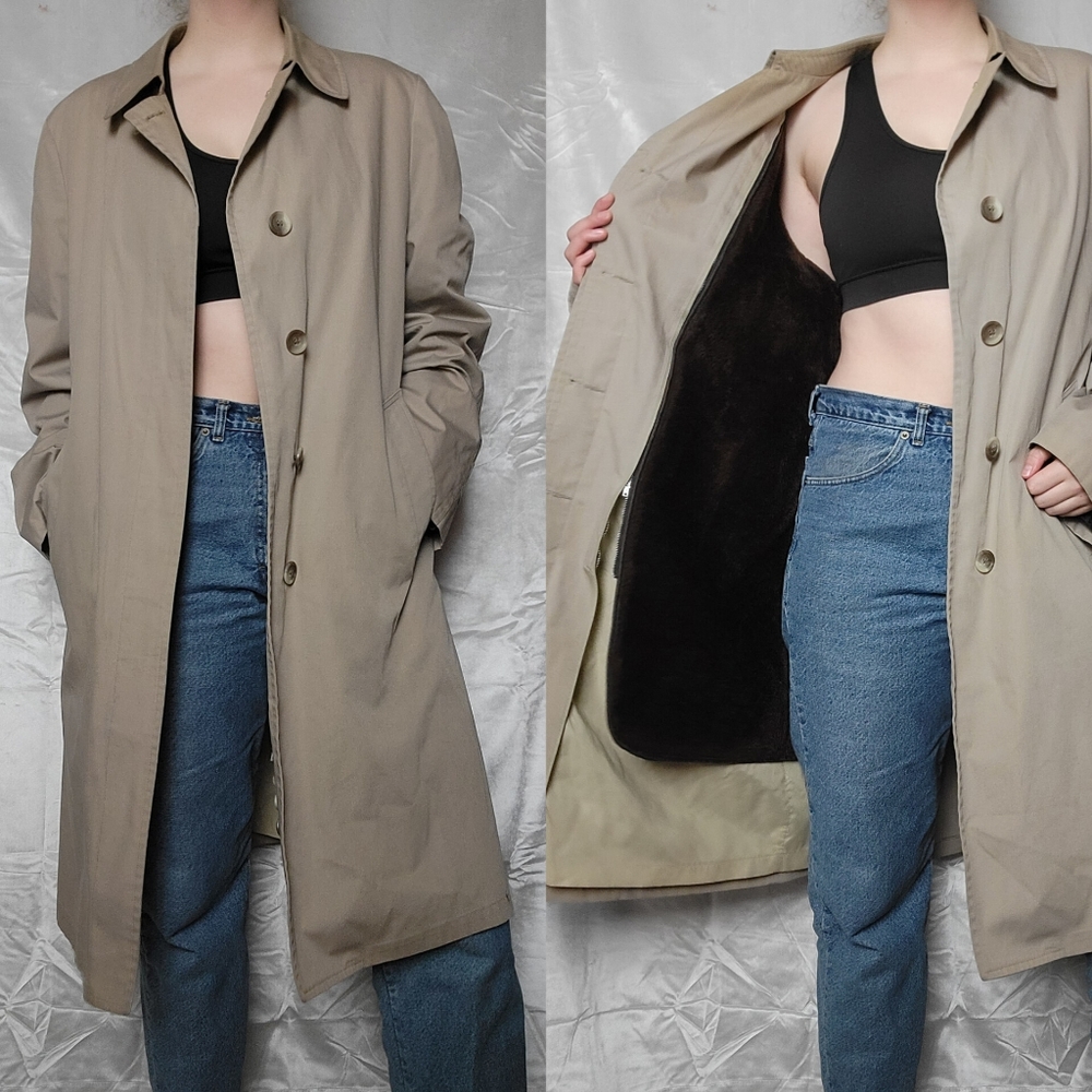 Vtg London Fog Faux Fur Lined Trench Coat, l/xl